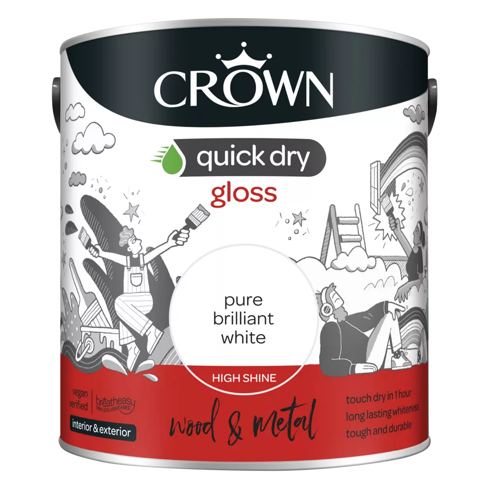 Crown Quick Dry Gloss Emulsion Paint, 2.5L, Pure Brilliant White