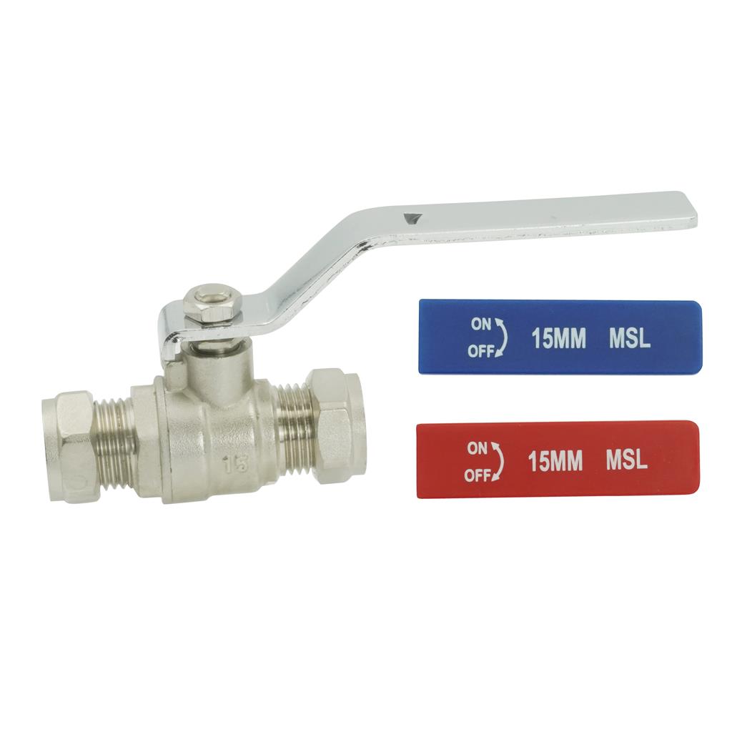 15mm LIGHT PATTERN DUAL LEVER BALL VALVE - 2 SLEEVES RED & BLUE Item No. BFLBVDLP-15