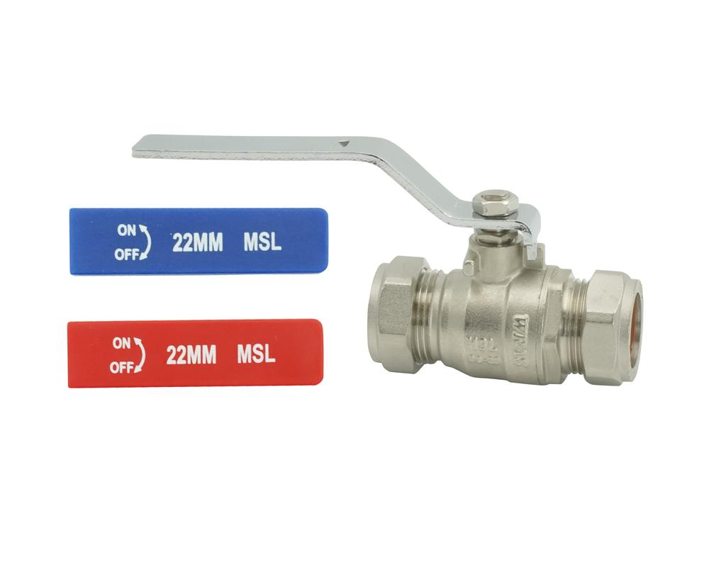 22mm LIGHT PATTERN DUAL LEVER BALL VALVE - RED & BLUE Item No. BFLBVDLP-22