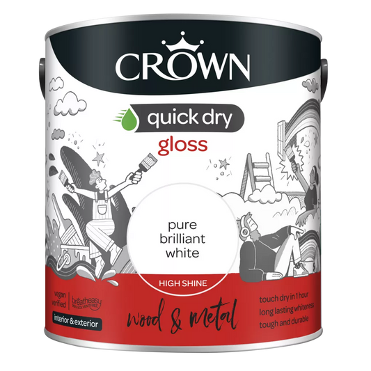 Crown Quick Dry Gloss Emulsion Paint, 2.5L, Pure Brilliant White